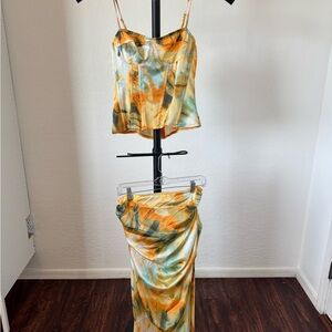 PrettyLittleThing Yellow and Orange Ruched Women's Skirt Set